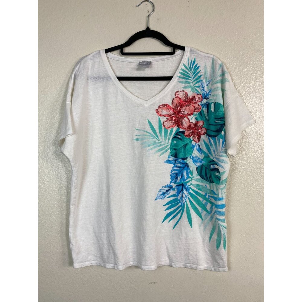 Chicos Linen Floral Boho Top size Large Short sleeve White Tropical Hawaiian
